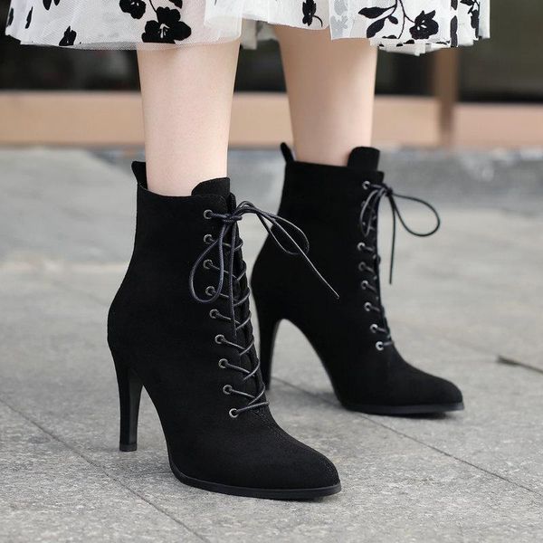 

boots black beige women ankle faux suede thin high heel short ladies cross tied pointed toe autumn winter shoes