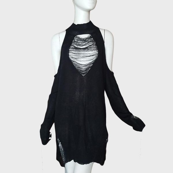 

women's sweaters black gothic long women punk hollow out off shoulder thin hole pullover jumpers sweater slit cool broken knit, White;black