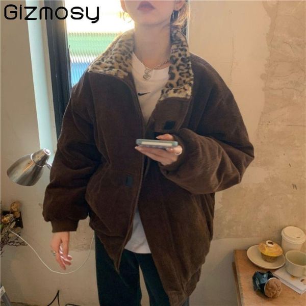 

women's jackets gizmosy retro corduroy thick cotton-padded jacket 2021 winter leopard patchwork women coat female outwear warm loose ca, Black;brown