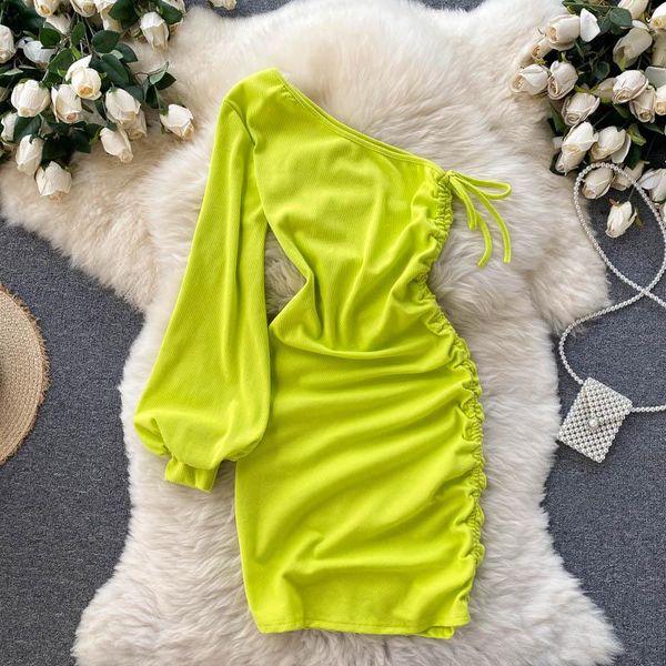 

casual dresses teeuiear slim diagonal collar one shoulder autumn bodycon party short dress drawstring women shirring club, Black;gray