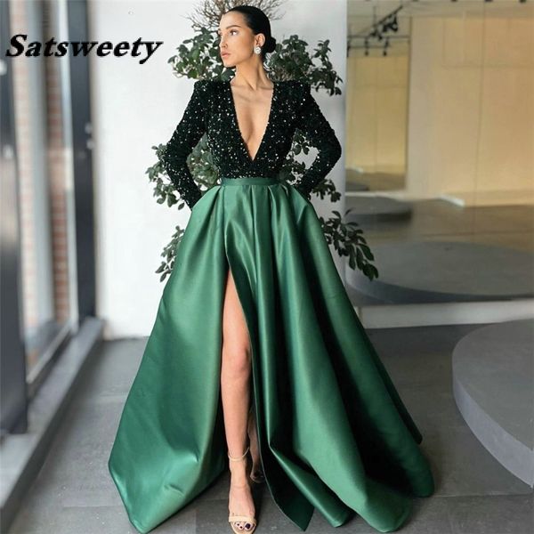 Köpüklü Zümrüt Yeşil Sequins Uzun Kollu Abiye Muhteşem Derin V Boyun Saten Yarık Örgün Kadın Parti Kıyafeti