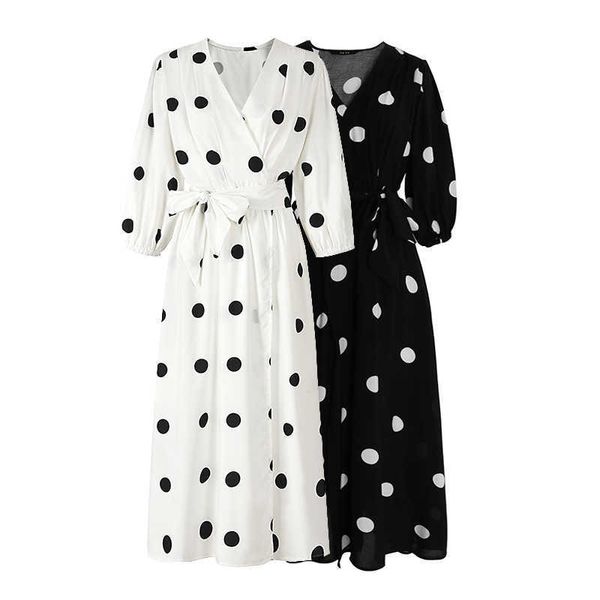 VIELLEICHT U Schwarz-weißes gepunktetes Kleid mit V-Ausschnitt, 3/4-Ärmel, Maxi-Long-Sommer-Casual-Chiffon-Schärpe D0561 210529