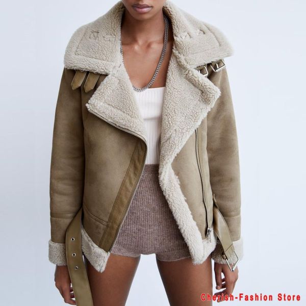 

women's leather & faux women winter shearling sheepskin fake jackets lady thick warm suede lambs wool short motorcycle brown coats 2021, Black