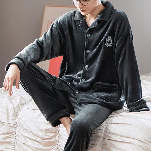 

men's sleepwear 2022 pajamas set autumn winter warm flannel thicken man long sleeve pants casual homewear clothes, Black;brown