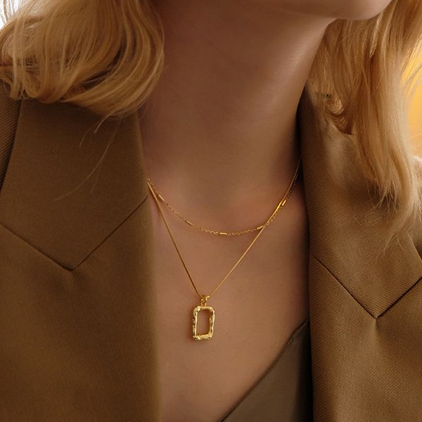 

simple geometry hollow out square ti-tanium steel two piece necklace net red style fashion temperament personality fashion pendant female, Silver