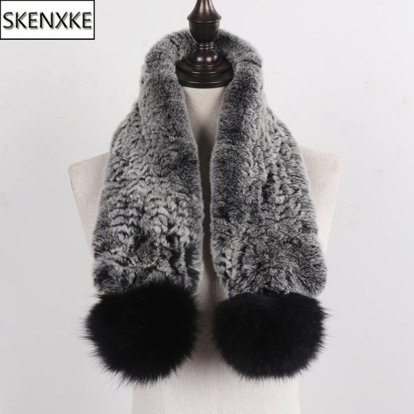 

scarves 2021winter women 100% natural knitted rex fur scarf lady warm quality real with pompoms, Blue;gray