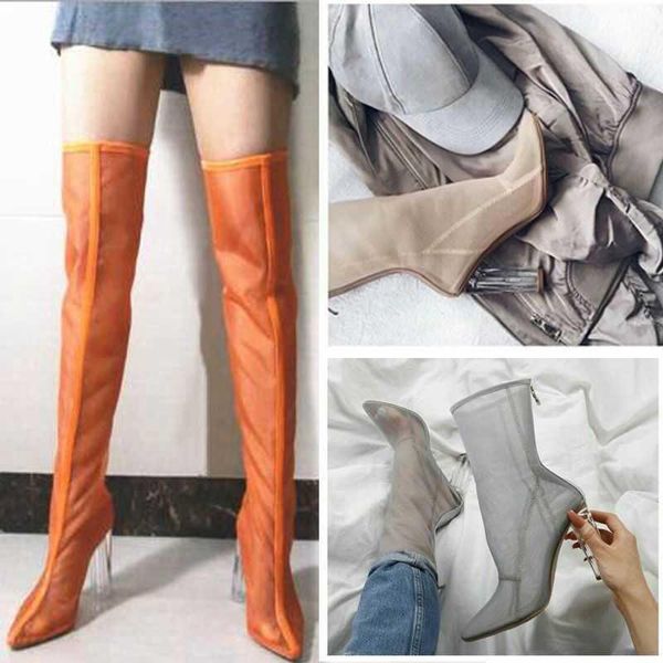 

boots transparent crystal thick heeled shoes breathable mesh back zipper pointed cool high-heeled catwalk net female, Black