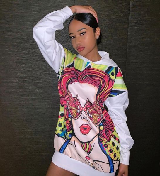 

casual dresses skmy fall clothes for women cartoon printed long sleeve dress party clubwear hooded bodycon short hoodie, Black;gray