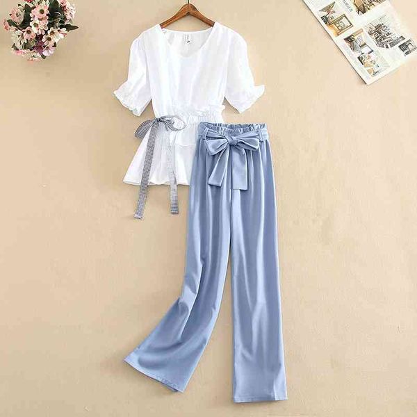 Moda 2020 Verão Novo Dois Peça Sets Mulheres Ruched Ruffles Laço Laço Branco Puff Sleeve Camisa + Loose Gravata Up Largree Perna Calças Sets X0428