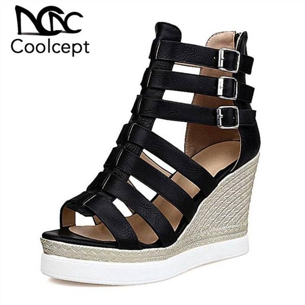 

coolcept office lady high wedges sandals peep toe buckle platform summer shoes trifle fashion women footwear size 32-43, Black