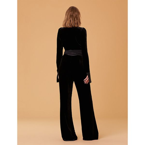 

velvet jumpsuit woman deep v neck split joint satin long sleeve black ladies elegant slim women chic runway clothing, Black;white
