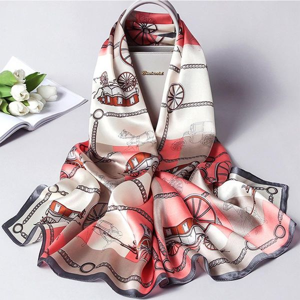 

women natural silk scarf retro carriage chain print shawls office lady elegant wraps female noble hijab beautiful gift 53x170cm scarves, Blue;gray