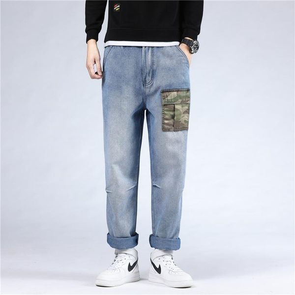 

men's jeans denim 2021 loose hip hop men printed hiphop hip-hop pocket casual skateboard, Blue
