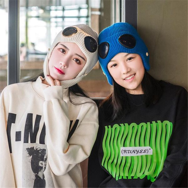 

colors glasses ear cover cap plus velvet warm woolen korean fashion keep outdoor women knitted hats cycling caps & masks, Black