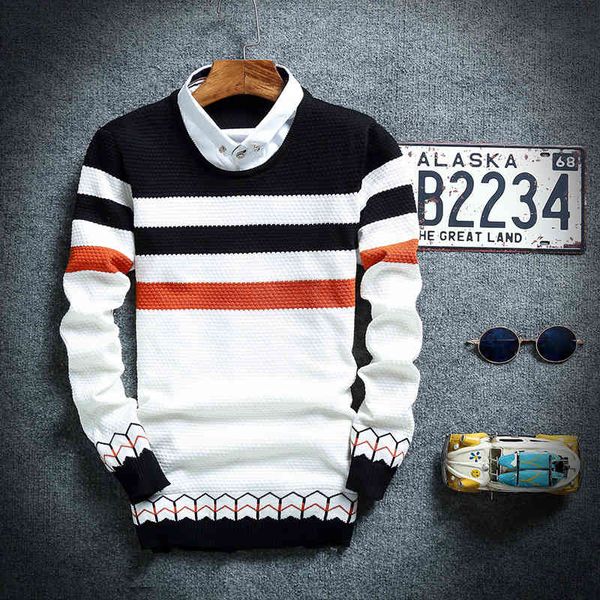 

sweaters knit autumn and winter men's round neck sweater wear korean version fashion slim fit pullover striped, White;black