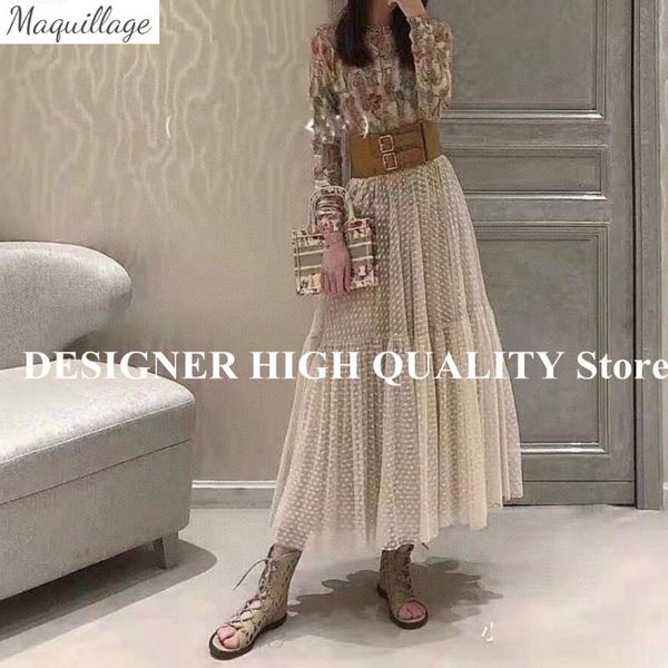 

skirts 2021 spring summer mesh lace patchwork dot long maxi womens solid color ruffles big hem sweet skirt, Black