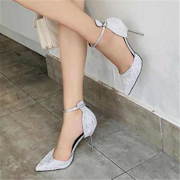 

sandals 2021 women 10cm high heels wedding scarpins metal strap stiletto bridal glitter gold silver black 44