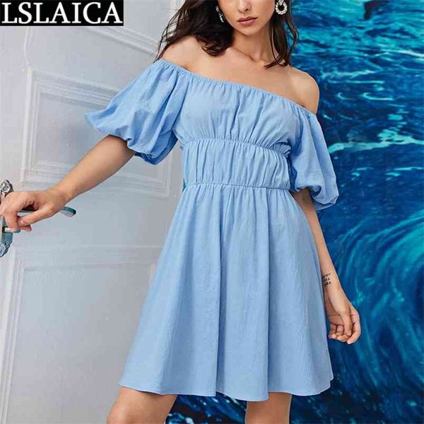 

female clothing short sleeve blue elastic off shoulder mini dress summer a line boho beach holiday slim elegant 210515, Black;gray