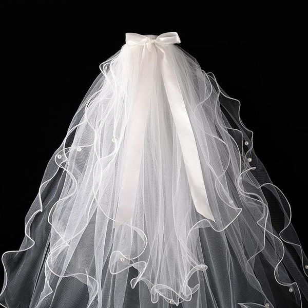 

bridal veils grosfairy multi-layer bead edae bowknot veil women elegant white pearls head wedding with comb, Black