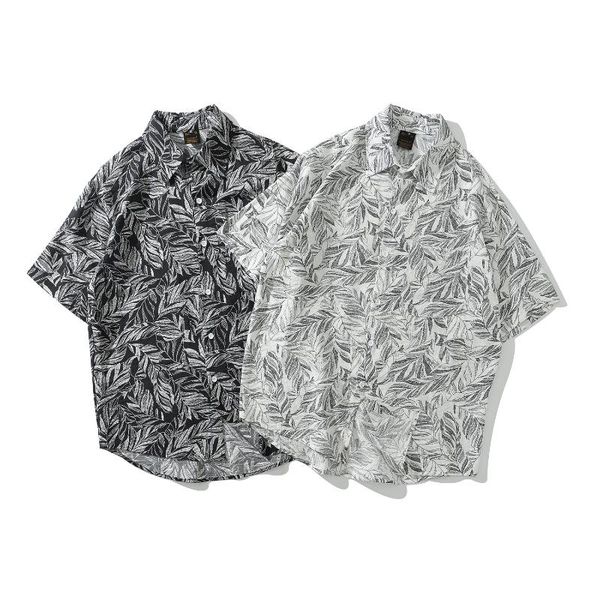 

men's casual shirts men half sleeve oversize leaf printed black white hip hop shirt beach summer wear, White;black