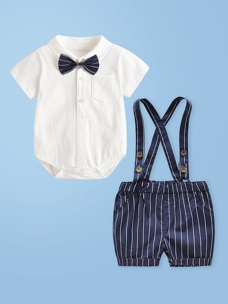 

baby bow front bodysuit & striped print overall jumpsuit she, White