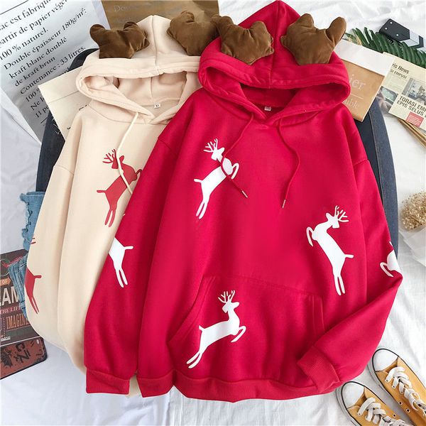 

women's hoodies & sweatshirts feliz presente de natal jaqueta inverno feminina, harajuku com capuz estampa cervo neve, vermelha kawaii,, Black