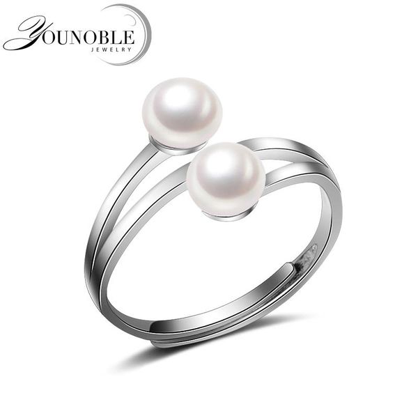 

wedding real 925 sterling silver ring with pearl,freshwater double pearl women,adjustable girl jewelry wife gift white cluster rings, Golden;silver