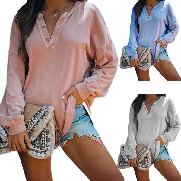 

2020 women's solid color fashion v-neck long sleeve button t-shirt, Black
