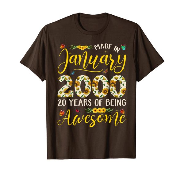 

january 2000 20 years old 20th birthday gift flowers t-shirt, White;black