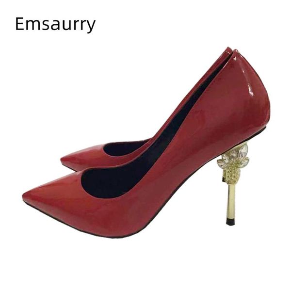 

spring unique strange heel dress shoes woman point toe patent leather slip-on women pumps zapatos mujer, Black
