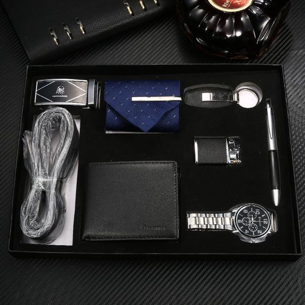 

wristwatches fashion boutique wallet+watch+key chain+belt+lighter+pen+tie (7pcs/set), Slivery;brown