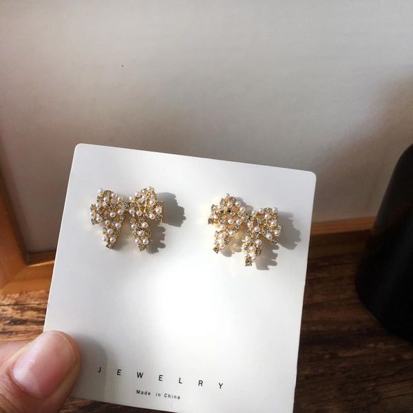 

bilandi s925 needle sweet jewelry stud earrings design metal with simulated pearl crystal bowknot for girl gift, Golden;silver