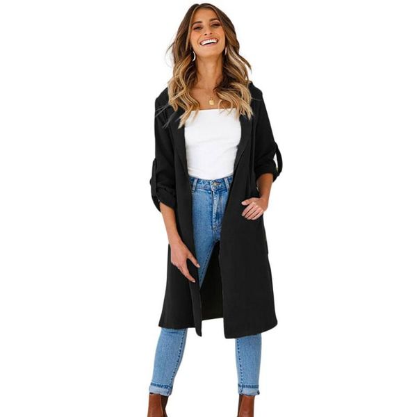 

women's trench coats autumn and winter windbreaker long thin section casual sleeve coat jacket clothing fashion 2021, Tan;black