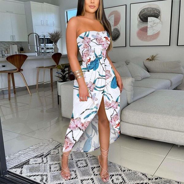 

casual dresses women beach floral round neck sundress sleeveless loose tank dress strapless breast wrap split hem jurken #g3, Black;gray