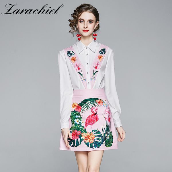 Frühling Sommer Süße Patchwork Blumendruck Bluse Shirt + Floral Flamingo Rosa Minirock Anzüge Frauen Runway Zwei 2 Stück Set 210416