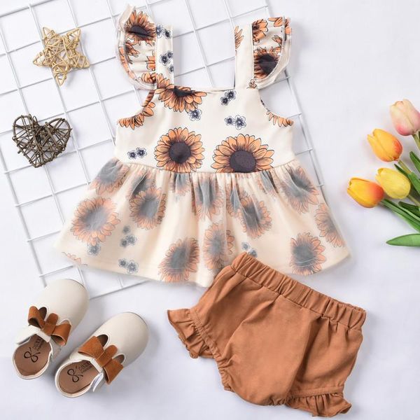 

kids girl mesh dress shorts suit summer 2021, sleeve sunflower printed vest, party street 2-piece daily wear clothing sets, White