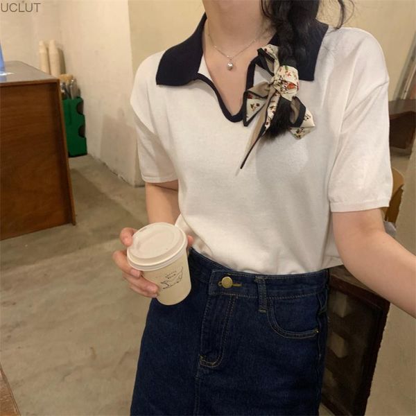 

women's t-shirt student color contrast neck short sleeve summer 2021 korean loose casual top, White
