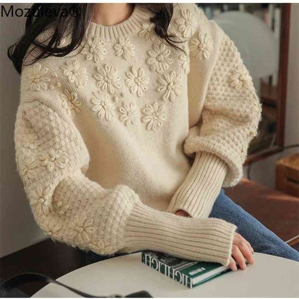 

retro embroidery o-neck women knitted pullovers autumn winter long sleeve loose thicken sweaters jumpers 210416, White;black