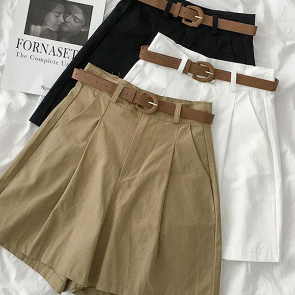 

women's shorts ebaihui cotton 2021 elegant with belt summer casual woman streetwear high waist wide leg short pants, White;black