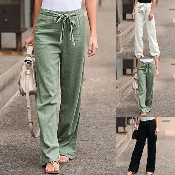 

women's pants & capris 2021 women fashion linen cotton solid elastic waist trousers female plus size ankle-length summer casual, Black;white