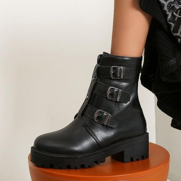 

boots fashion combat for women motorcycle chunky heels ankle arrival 2021 platform buckle middle heel booties size 42, Black