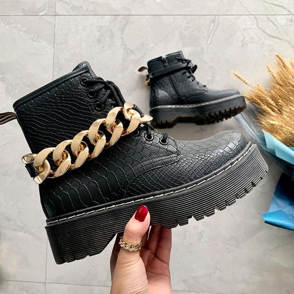 

boots gigifox brand chains shoelaces zipper skidproof sole forest ankle motorcycles fashion gothic style woman shoes, Black