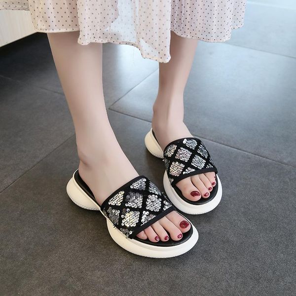 

slippers womens 2021 summer fashion muffin thick platform female sandals sequined cloth beach women slides, Black