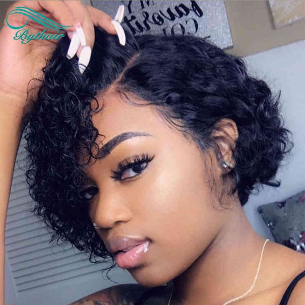

bythair brazilian pre plucked short bob wavy full human hair wigs with baby hairs lace front wig for black women, Black;brown