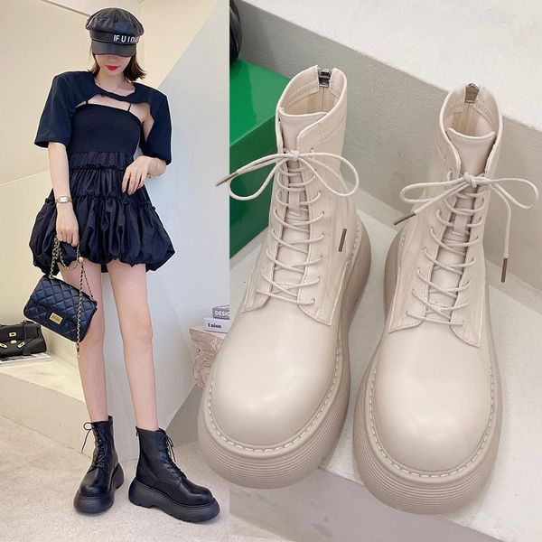 

boots white black women's combat 2021 leather shoes thick-soled lace-up punk