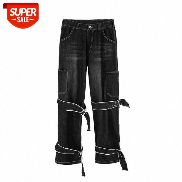 

high street streamer jeans men's straight retro loose wide leg denim pants oversize ribbons hip hop baggy casual cargo #iy5c, Blue