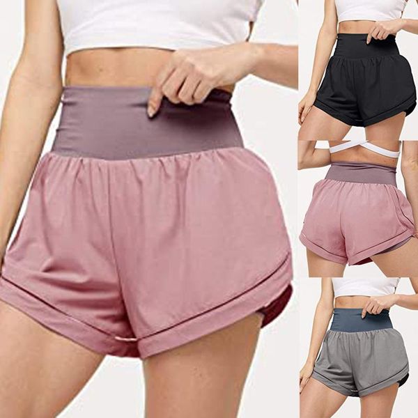 

yoga outfit fashion women summer sport fitness shorts solid color patchwork breathable net yarn double layer elastic tight pants