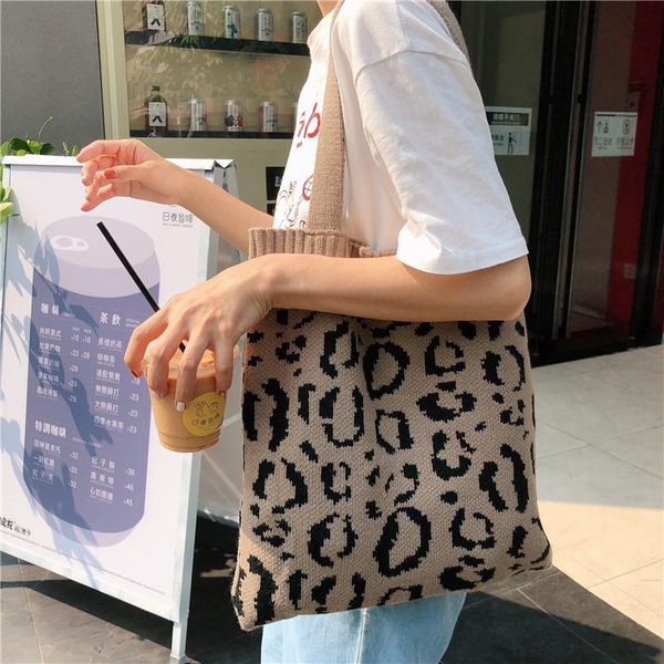 

evening bags fashion women knitted shoulder ins korea leopard printing weave handle handbags tote autumn winter casual wool shopping bag
