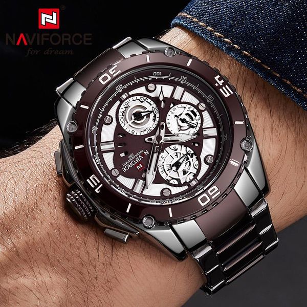 

wristwatches men watches naviforce stainless steel watch 2021 waterproof chronograph male wristwatch, Slivery;brown