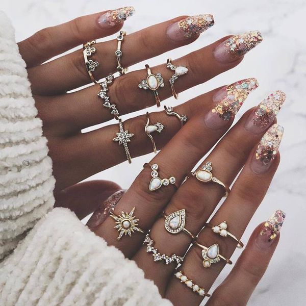 

cluster rings european and american rhinestone joint ring 16 piece set crown drop retro for women gifts wholesale, Golden;silver